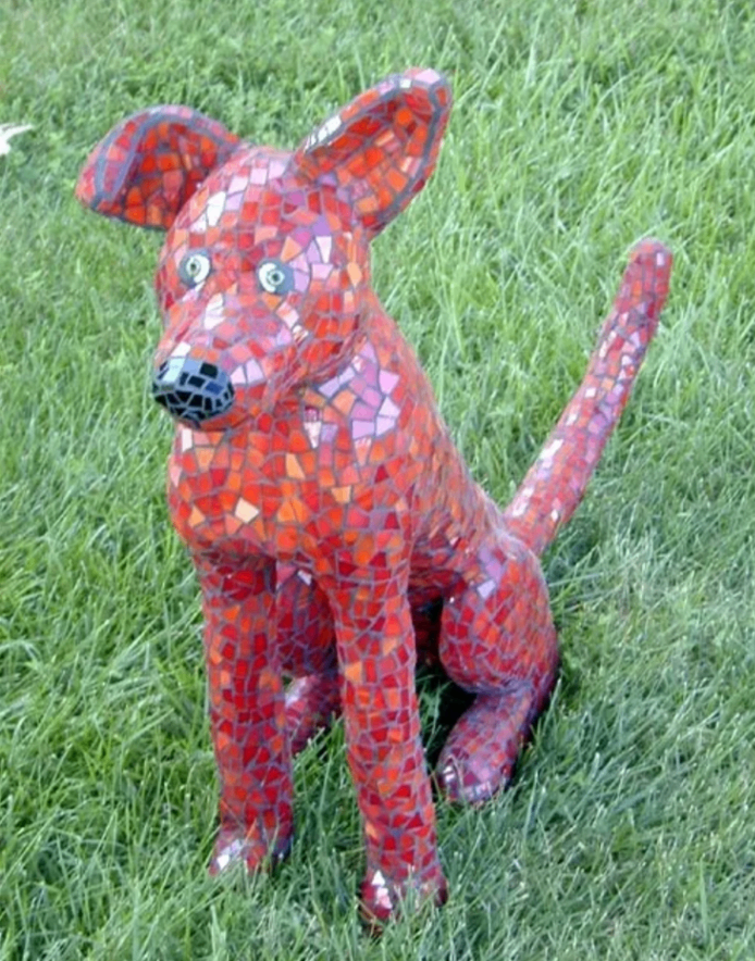 Red mosaic dog sculpture — mixed media art by LeAnne Doljac.